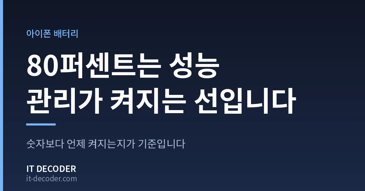 IT Decoder 커버 카드. 배지 '아이폰 배터리' 아래에 '80퍼센트는 성능 관리가 켜지는 선입니다'라고 적혀 있고, 그 아래 보조 문구는 '숫자보다 언제 켜지는지가 기준입니다'이다.