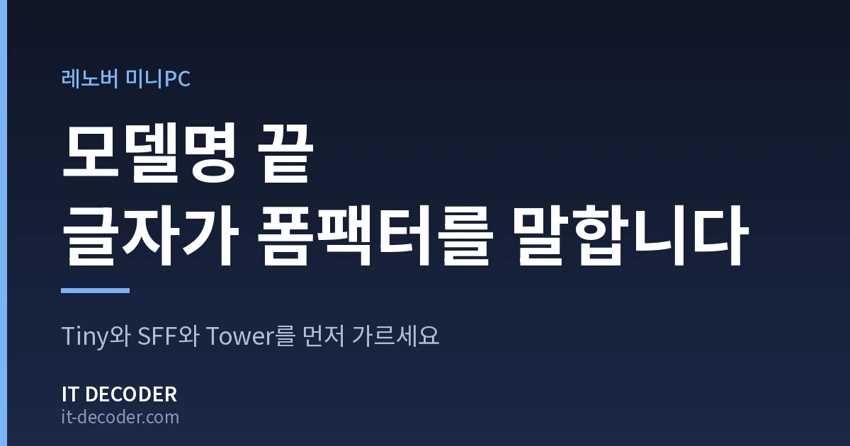 IT Decoder 커버 카드. 배지 '레노버 미니PC' 아래에 '모델명 끝 글자가 폼팩터를 말합니다'라고 적혀 있고, 그 아래 보조 문구는 'Tiny와 SFF와 Tower를 먼저 가르세요'이다.