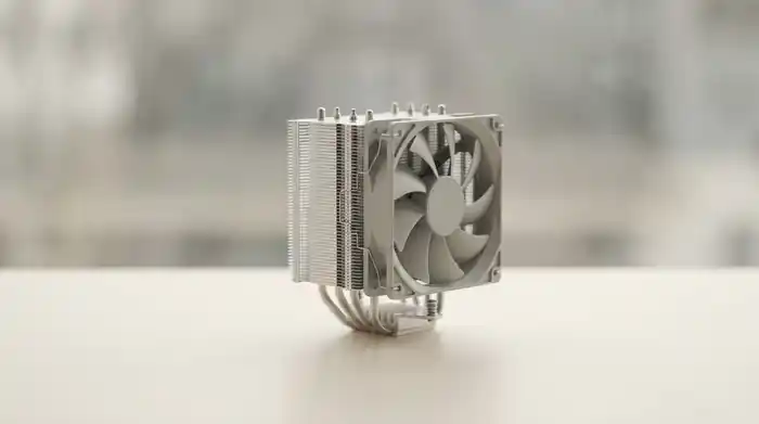 평평한 바닥에 놓인 대형 타워형 CPU 공랭 쿨러