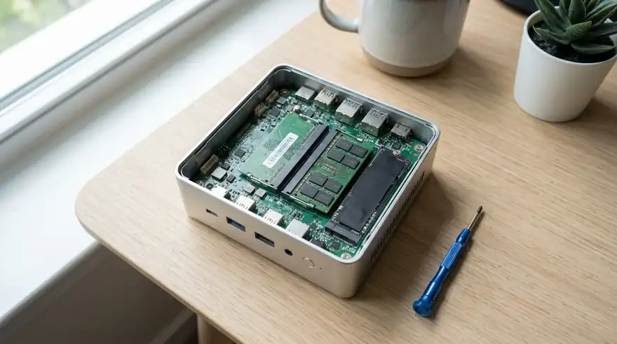 하판을 연 미니PC 내부의 SO-DIMM 메모리 슬롯과 M.2 SSD 슬롯