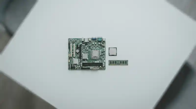 책상 위에 나란히 놓인 메인보드와 CPU, 메모리
