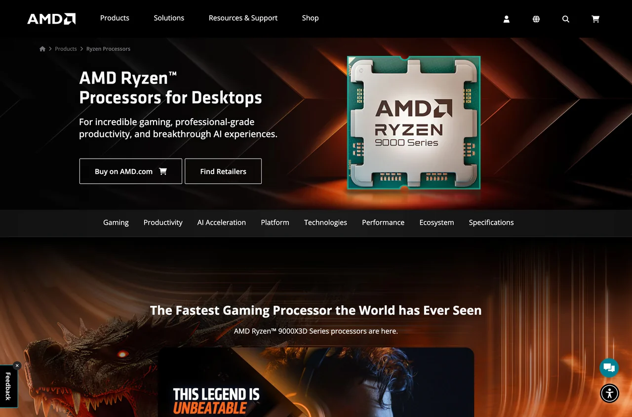 라이젠 5600 계열이 실린 AMD 데스크톱 프로세서 공식 페이지. 상단에 Specifications 탭이 있다.