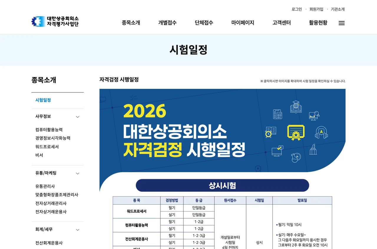 컴퓨터활용능력 2급 시험일정을 확인하는 대한상공회의소 자격평가사업단 화면. 상시시험 표의 컴퓨터활용능력 행에서 시험일 칸이 날짜가 아니라 상시로 적혀 있다.