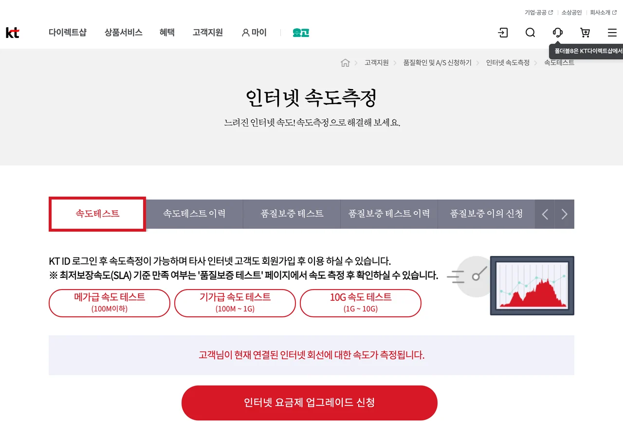 KT 인터넷속도측정 창구 첫 화면 - 속도테스트와 품질보증 테스트 탭이 갈라져 있고 메가급·기가급·10G 속도 테스트 버튼이 놓여 있다