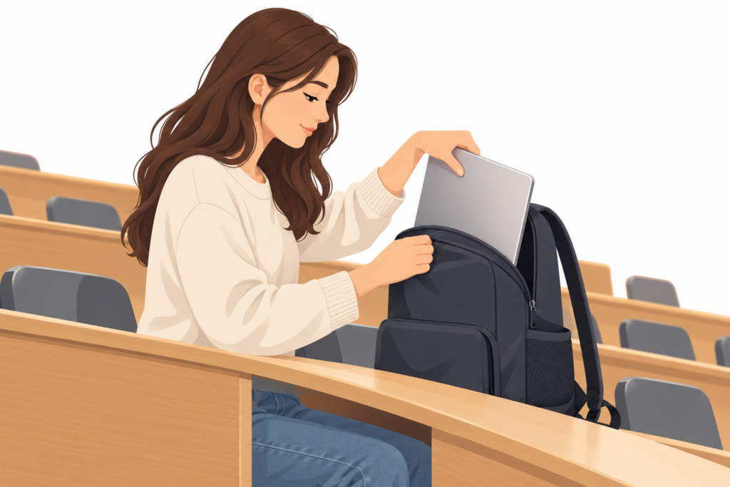 강의실 책상에서 슬림 노트북을 백팩에 넣는 학생을 표현한 일러스트